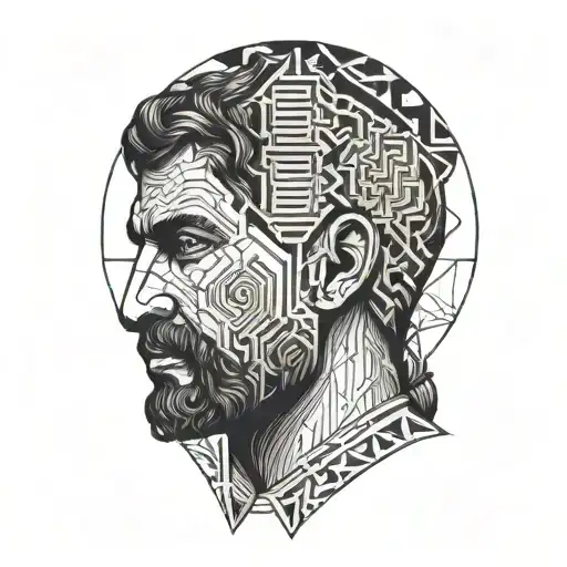 Greek Man Surrounded By Minimalistic Line Art Geometry