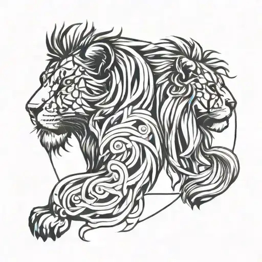 Draw A Tattoo For Gemini With A Lion With Fine Engraving