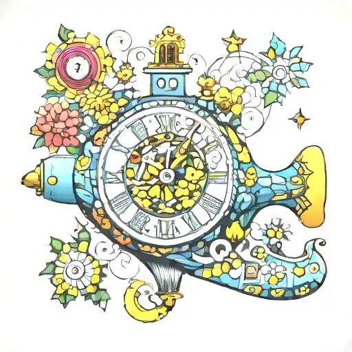Yellow Submarine With Colorful Flowers And Clock