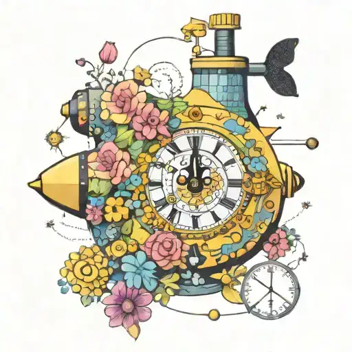 Yellow Submarine With Colorful Flowers And Clock