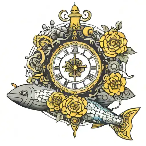 Yellow Submarine With Colorful Flowers And Clock