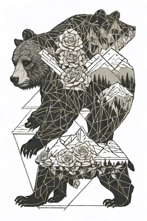 Bear And Skiing And Mountains And Roses Intertwined
