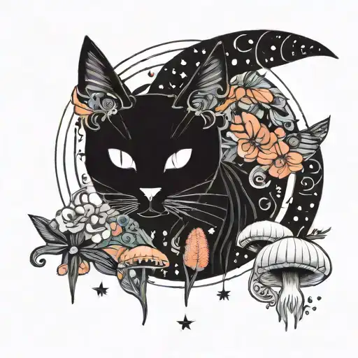 Black Cat And Colorful Mushrooms With Moon And Stars