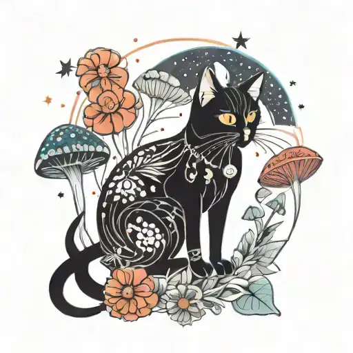 Black Cat And Colorful Mushrooms With Moon And Stars