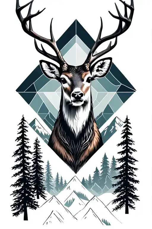 Forest And Mountains And Deer