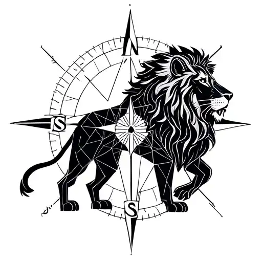 Lion And Compass Rose Together Geometric