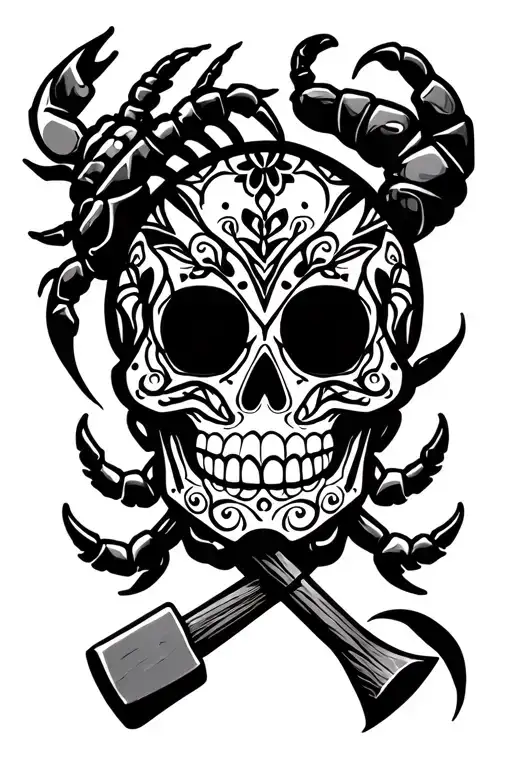 Mexican Sugar Skull With A Scorpion And Hammer