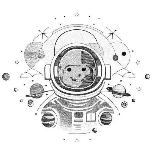 Astronaut With Colourful Visor And All The Planets In Our Solar System As Baloons