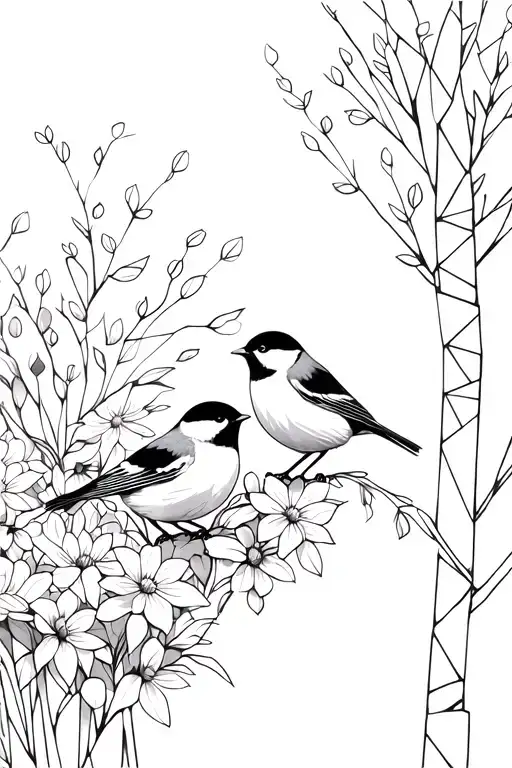 Chickadees Perched On Flowers With Trees In Background