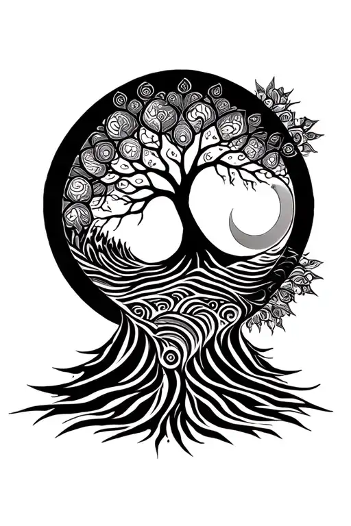 Waves Tree Of Life And Moon And Sun Mandala Design Incorporating