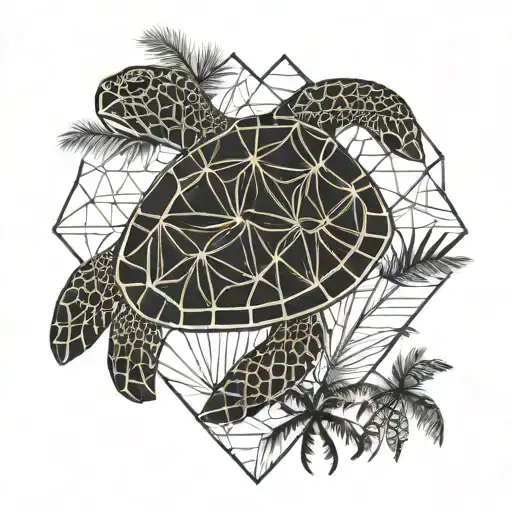 Sea Turtle Surrounded By Palm Trees Shaped In A Heart