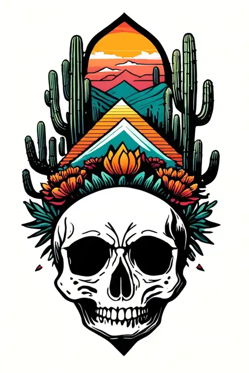 Desert Sunset With Cactus And Skull