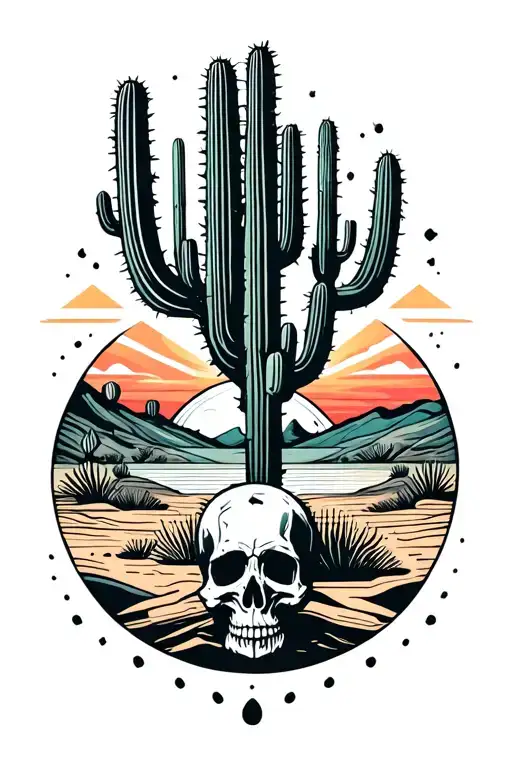 Desert Sunset With Cactus And Skull