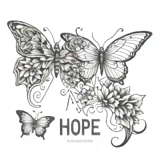 Fine Line Tattoo With Butterflies And Flowers And The Words Hope And Faith