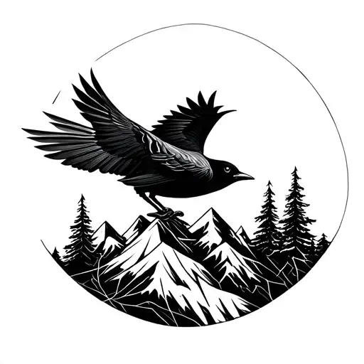 Flying Blackbird Mountain Scene