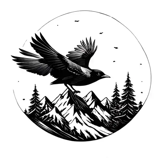 Flying Blackbird Mountain Scene