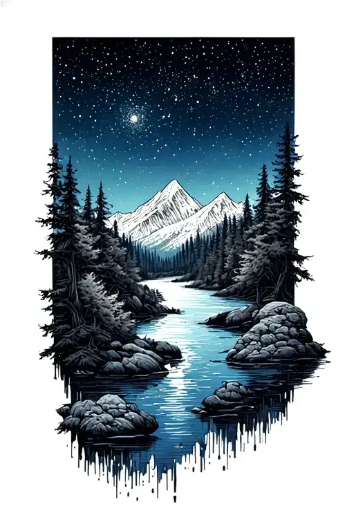 Starry Night Sky Tall Mountain Scene By River