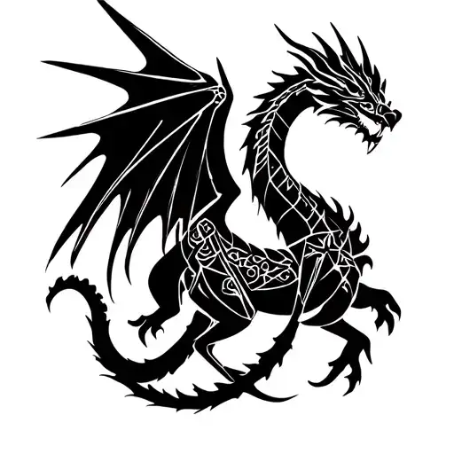Dragon With Wings And Mystical Symbols On Biceps