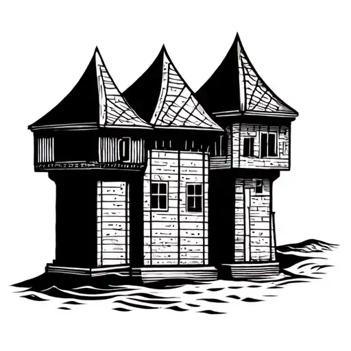 Square Tower With Pointed Roofs On The Beach