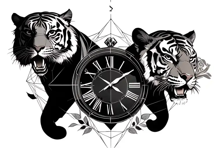 Tiger And Clock With Roses