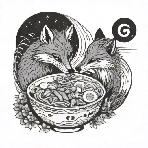 A Fox And Hedgehog Sharing A Bowl Of Ramen Under A Full Moon