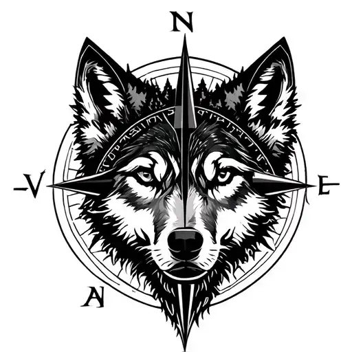 Wolf Head With Trees Inside Of Compass