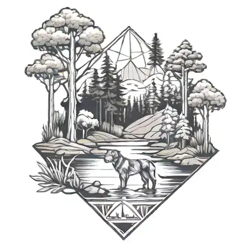 Forest Landscape With River And Dog