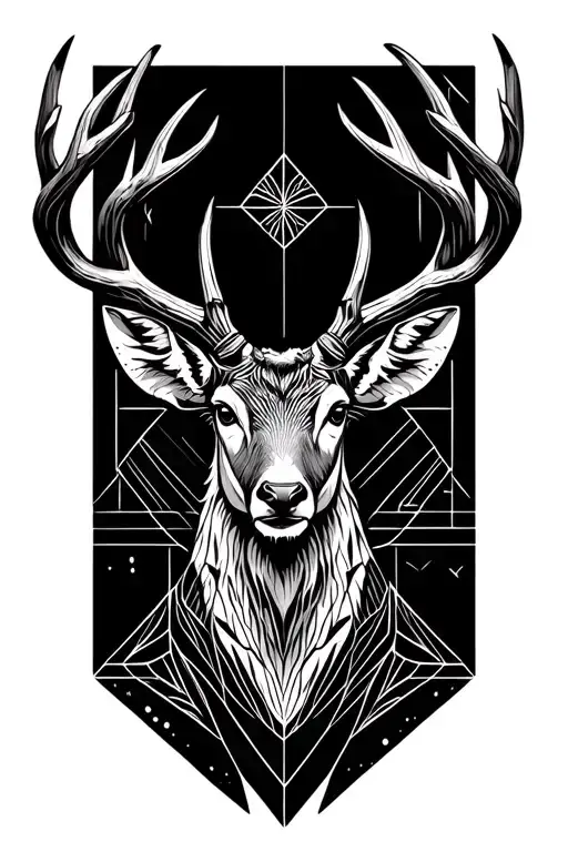 Mitological Deer With Big Horns And Geometrical Symbols Together