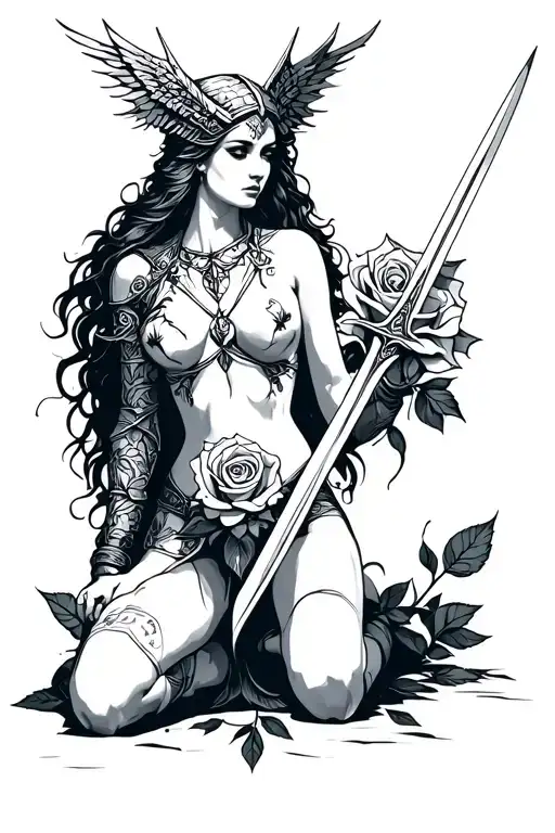 Valkyrie Angle Full Body With Sword In Hand Kneeling Over A Rose