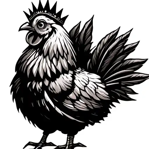Chicken With Neutral Emotion Inside A Big Crown With Pattern Design Feathers