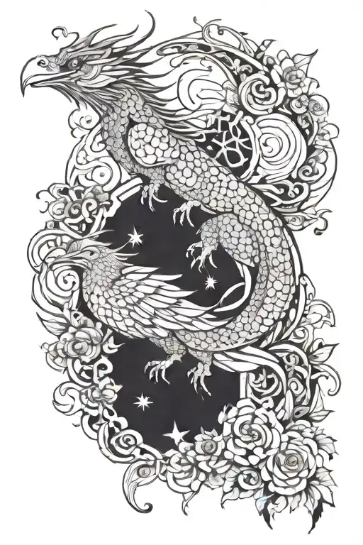 Dragon And Crow With Floral Patterns