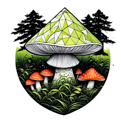 Geometric Amanita Mushrooms Growing And A Green Geometric Forest In Background