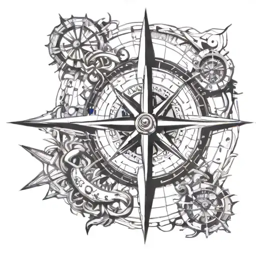 Compass Rose With Anchor And Broken Clock