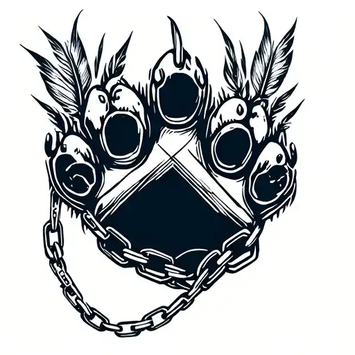 Dog Paws With Broken Chains And Feathers