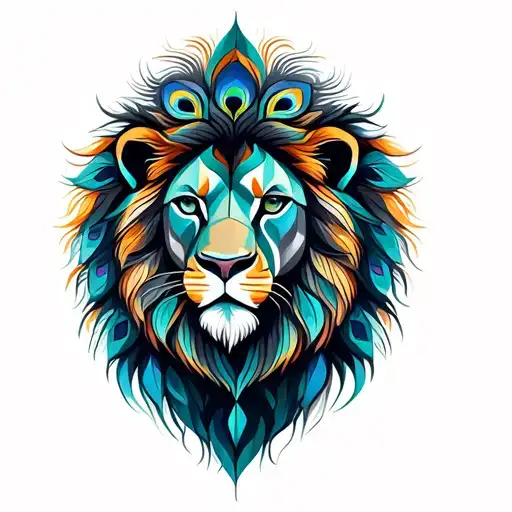 A Majestic Lion Whose Mane Is Made Of Peacock Feathers