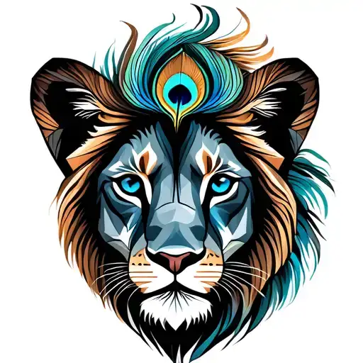 A Lion Cub Whose Mane Is Made Of Peacock Feathers