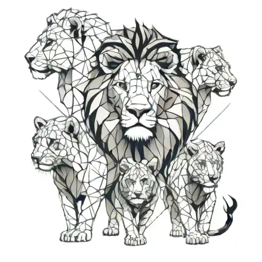 Half Realistic Half Geometric Lion With His Cubs Playing