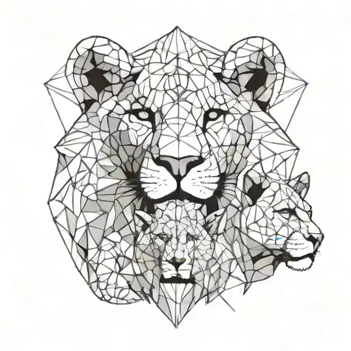 Half Realistic Half Geometric Lion With 3 Cubs