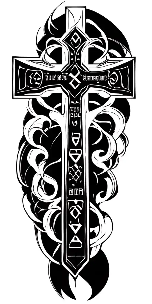 Cross With Hebrew Scripture Incorporated Full Sleeve Tattoo With Lots Of Filler