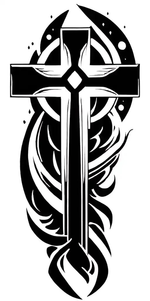 Cross With Hebrew Scripture Incorporated Full Sleeve Tattoo With Lots Of Filler