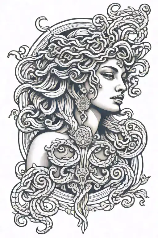 Medusa Feminine Greek Syle With Mitology Tattoo With Elements