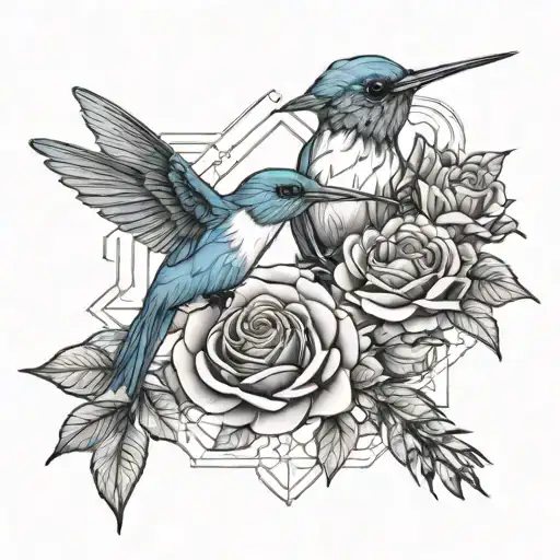 Hummingbird And A Bluebird With A Rose Intertwined