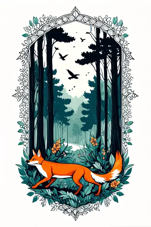Floral Lace Background With Small Fox Running Through Forest And Birds Flying Above