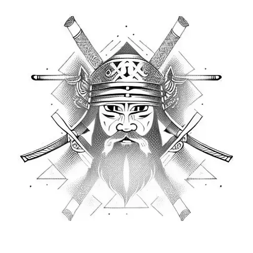 Viking Samurai With Headgear Samurai Sword And Viking Axe