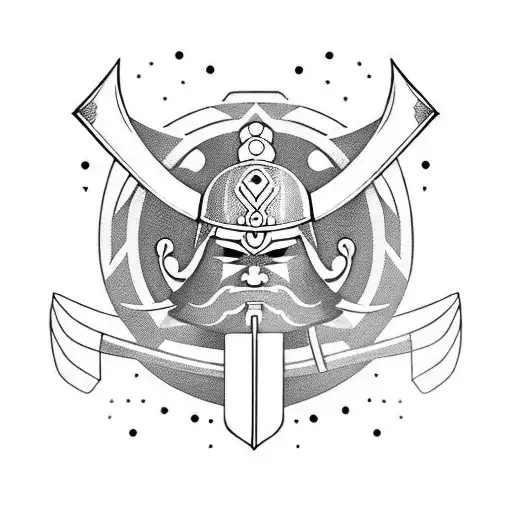 Silhouette Of Viking Samurai With Headgear Samurai Sword And Viking Axe