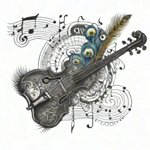 Violin With Peacock Feather And Music Notation