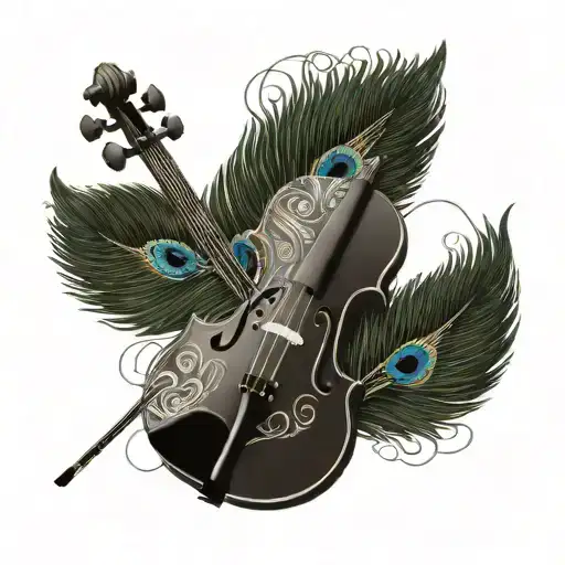 Half Violin With Peacock Feather And Music Notation
