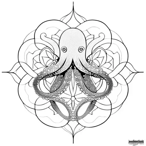 Octopus Hugging Flower Mandala With Sacred Geometry Behind