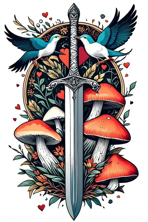 Sleve With Sword And Mushrooms And Birds And Hearts