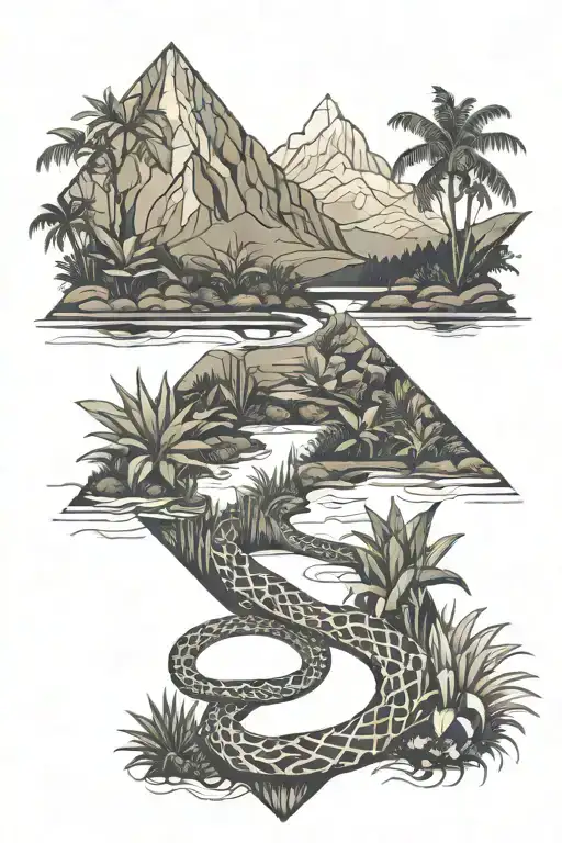 Winding River With Bromeliad Plants In Foregroud And Moutains At Background